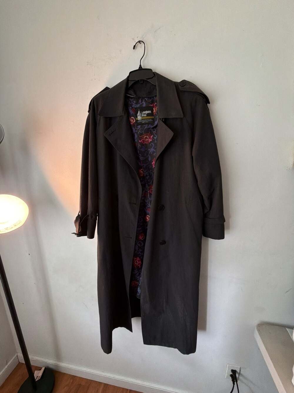 London Fog Vintage Black Trench Coat with Floral Lining